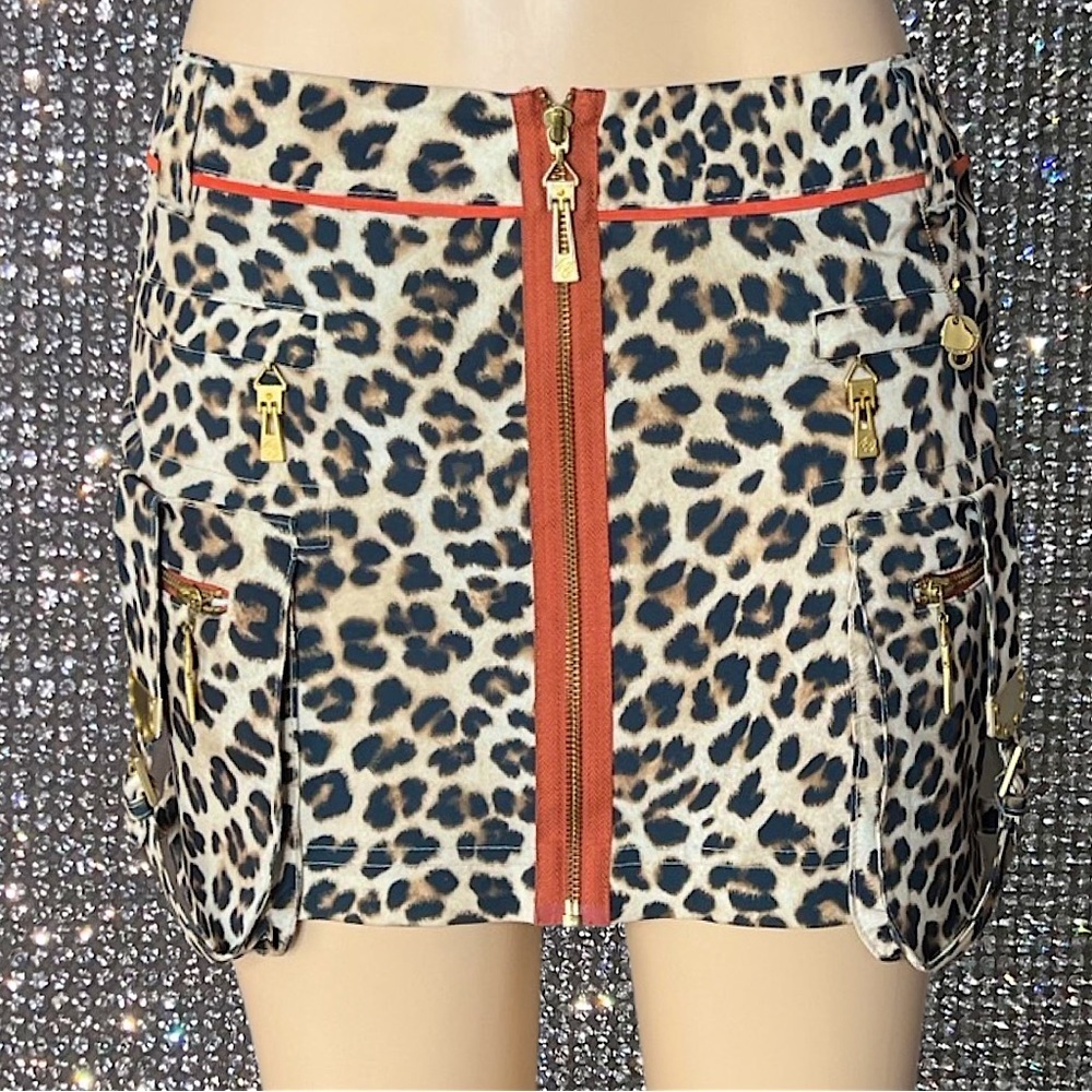4G by Gizia skirt rhinestones bling buckles cheetah leopard print orange mini
